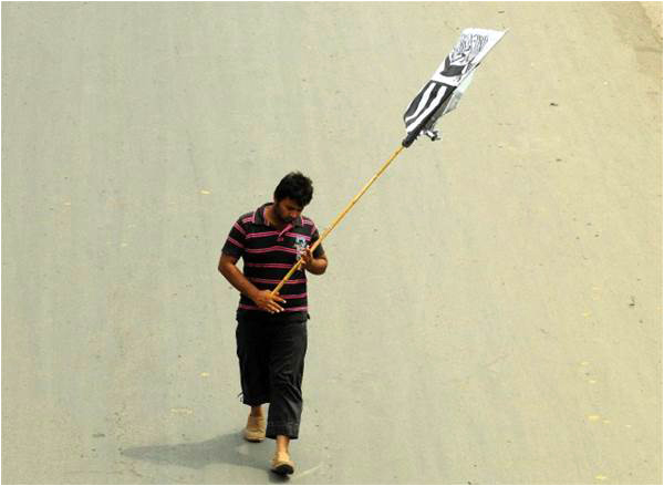 A supporter of Jamaatud Dawa joins a protest against India