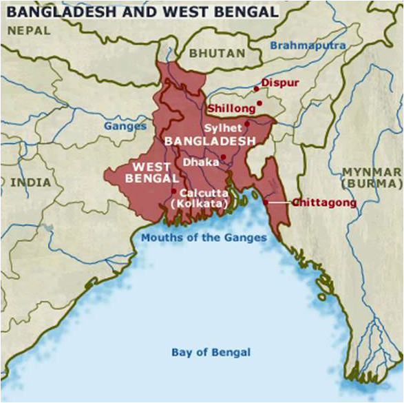 A map of Bangladesh within greater Bengal
