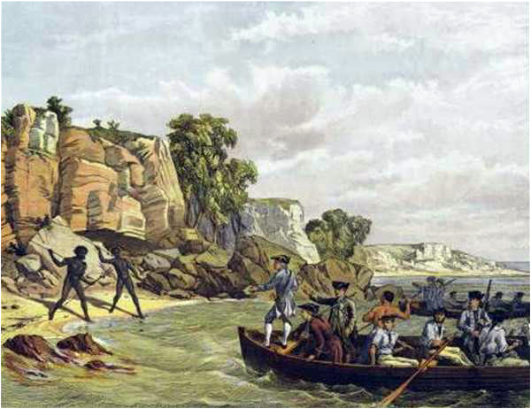 A painting depicts Europeans landing at Botany Bay, Australia