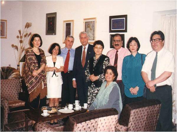 Kyrgyz Foreign Minister Roza Otunbaeva (standing 4th from right) at the author's residence. Also in the picture the author's wife (sitting) and the Ambassador of Turkey