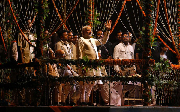Narendra Modi speaks after performing rituals on the banks of the River Ganges in Varanasi