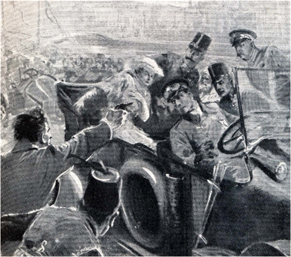 A painting depicting the assassination of Franz Ferdinand, the event that triggered World War I