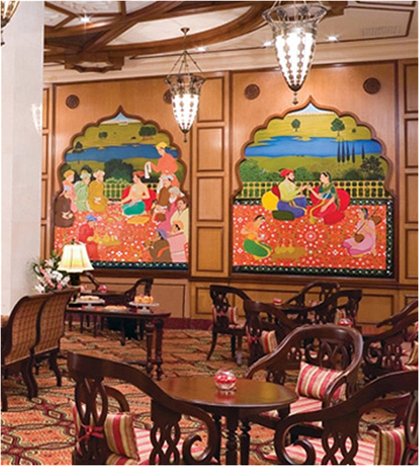 Paintings depicting the Mughal era add to the ambience