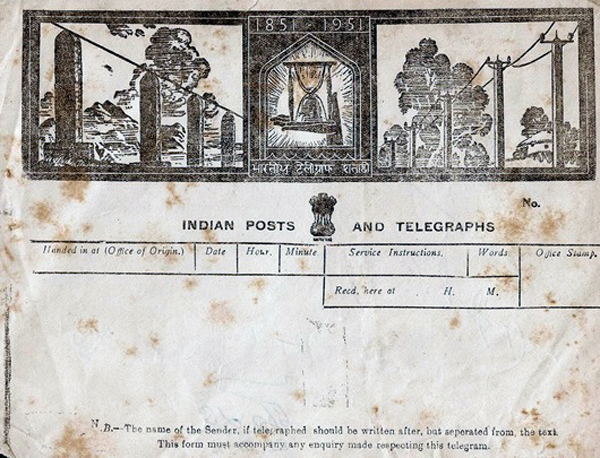 Begum Khurshid Shahid's father worked for Indian Posts and Telegraphs. Pictured here, Centenary 1951 Telegram Form