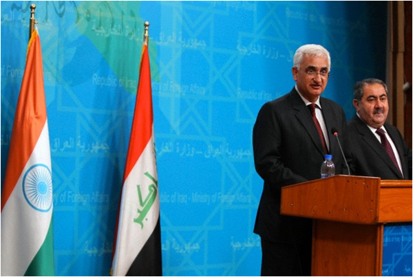 India's Foreign Minister Salman Khurshid speaks during a joint news conference with his Iraqi counterpart Hoshyar Zebari at the foreign ministry headquarters in Baghdad in 2013