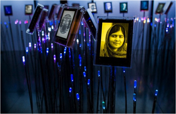 A portrait of Malala Yousafzai is seen in the Nobel's Garden in the Nobel Peace Center