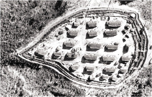 An aerial view of a fortified Vietnamese hamlet