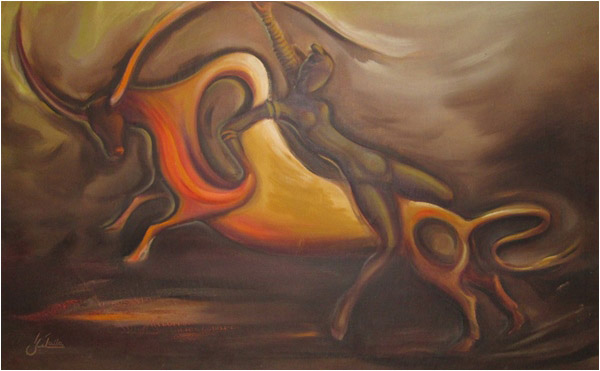 Bull - aryans and dravidians. Oil on Canvas. 25 inches by 39 inches