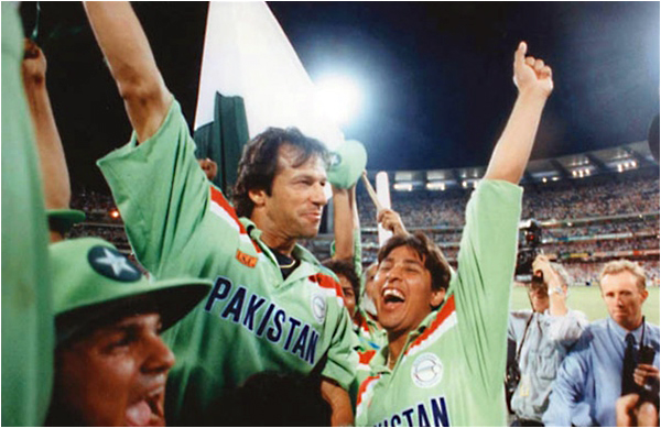 Moin Khan, Imran Khan and Inzamam-ul-Haq celebrate the 1992 win