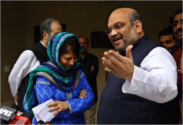 BJP president Amit Shah and PDP leader Mehbooba Mufti after a meeting in New Delhi