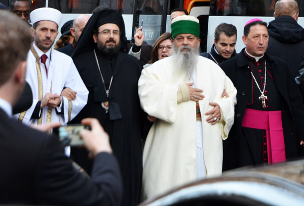Leaders of Albania's four main denominations in 2015. L to R Sunni Muslim, Orthodox, Bektashi, and Catholic