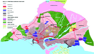 Proposed use of land for Karachi by the consultants ECIL in 2007, while developing a master plan for 2020. The green arc of Malir and Gadap is where all the new gated communities are springing up (source: Urban Resource Centre)