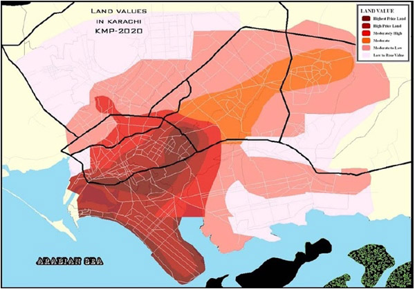 Karachi land values as perceived by the consultants ECIL in 2007, while developing a master plan for the city for 2020 (source: Urban Resource Centre)
