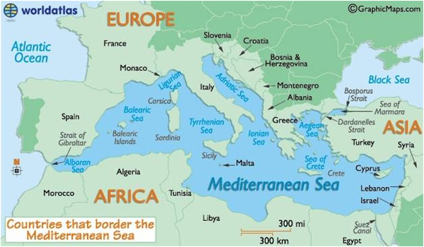 The Mediterranean Sea, half of which was controlled by Sayyida al-Hurra in the early 16th century