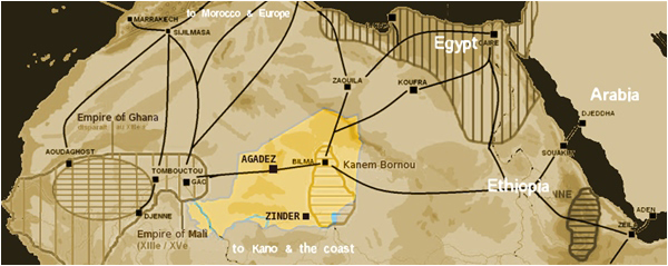 Trade routes across the Sahara to North Africa and beyond in the 15th century