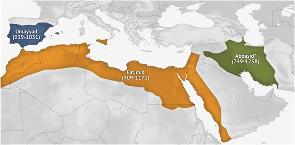 The extent of the Fatimid Caliphate compared to the other two most important Muslim caliphates of the medieval era