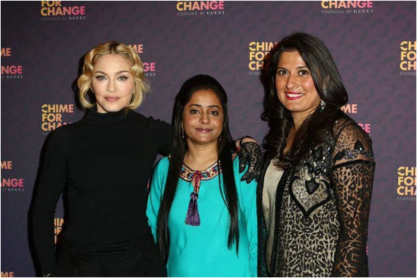 Sharmeen Obaid-Chinoy with popstar Madonna and Karachi-based educationist, Humaira Bachal at a Chime For Change event