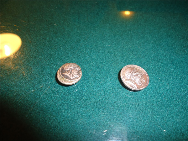 The obverse of Sophytes' coins, both showing a man - probably Sophytes himself - wearing a helmet and a laurel wreath over it - photographs provided by Ms. Naushaba Anjum