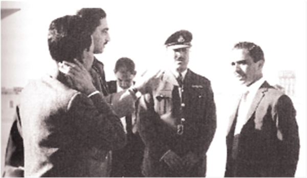 His Majesty King Hussein I on an impromptu visit to Mafraq Air Base Jordan being briefed by Hamid Anwar