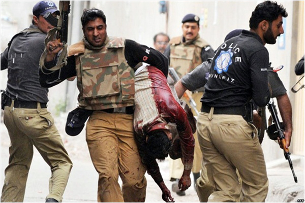 A scene from the deadly attack on Ahmadis in Lahore