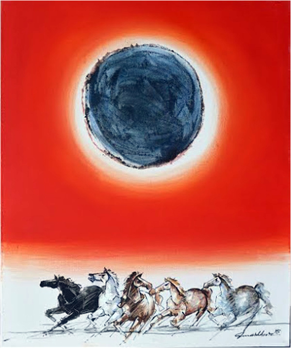 A depiction of stampeding horses and an eclipse, by Mashkoor Raza 