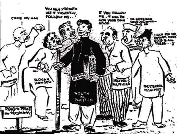 A front-page cartoon by Dawn, January 11, 1953, depicting Pakistani youth being led ‘astray’