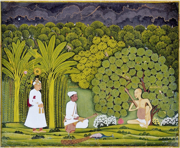 18th century Mughal miniature of Emperor Akbar in attendance as Tansen learns about music