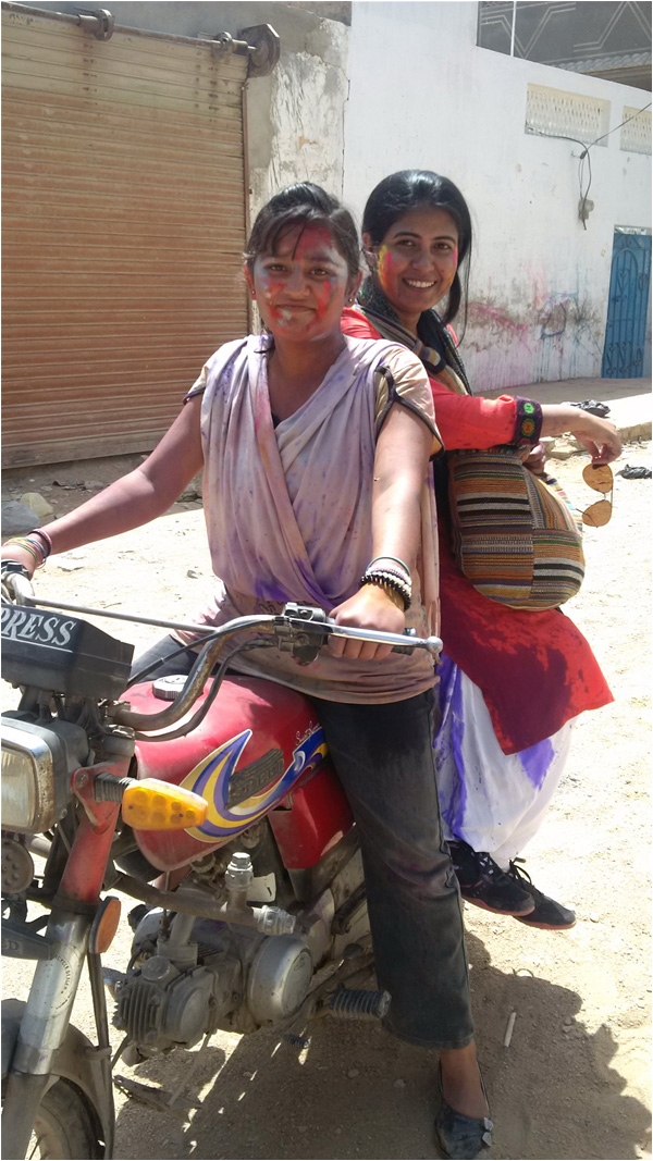 The author, with fourteen-year-old Tulsi on her motorcycle
