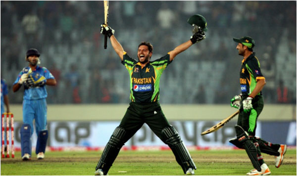 Afridi celebrating Pakistan's famous Asia Cup win over India in 2014