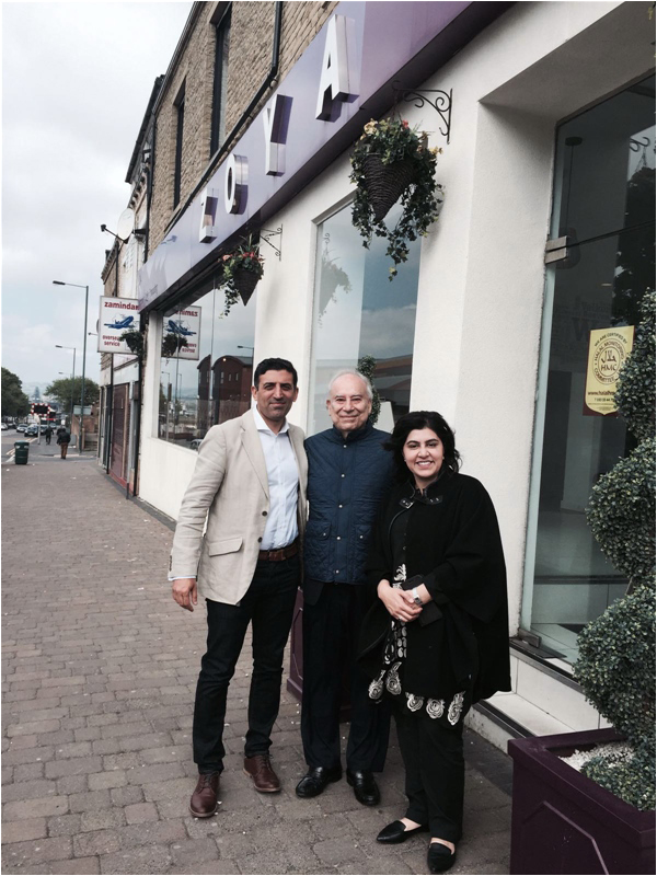 The author with Baroness Sayeeda Warsi and her husband Iftikhar Azam at the Zoya Pakistani restaurant in Bradford