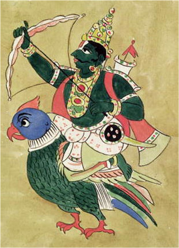 The Indian deity Kama is traditionally depicted mounted on a parrot