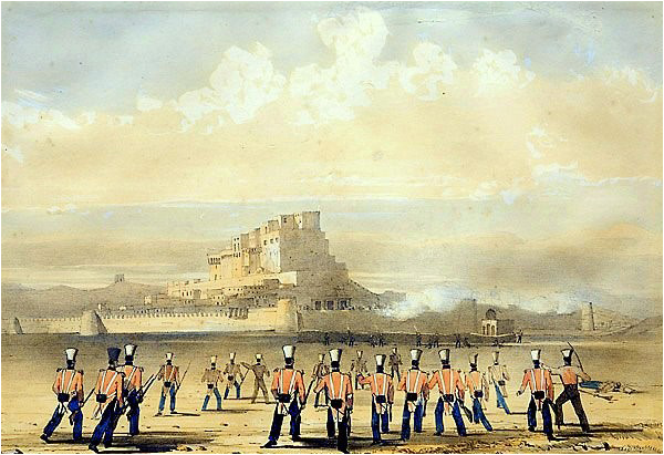 British troops advance on the Miree Palace in Kalat, November 1839