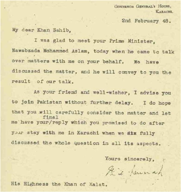 Mr. Jinnah's letter to the Khan of Kalat