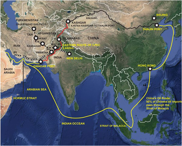 The yellow line shows the long route China uses currently for goods. The red route is CPEC