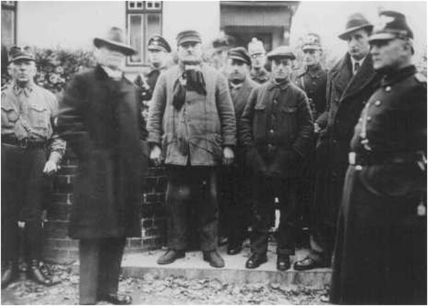 Jews under arrest and ready for transportation to Sachsenhausen camp, Nazi Germany, 1938