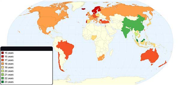 Average age for young people losing their virginity - worldwide