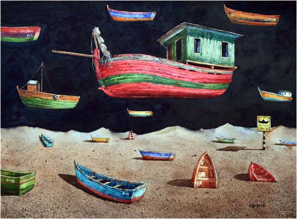 Juan Manuel Champi Huamani of Peru depicts the boats of his native Andean land