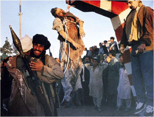 Najibullah's body on display after his brutal death at the hands of the Taliban in 1996