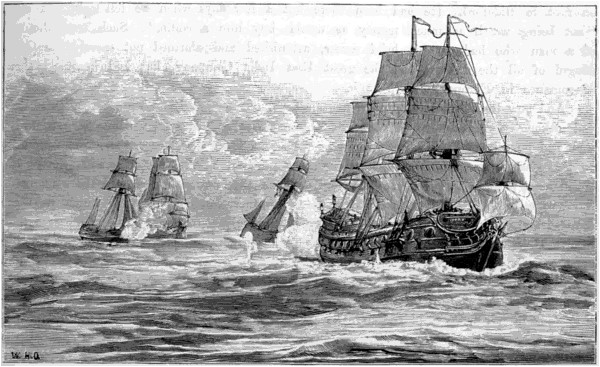 Avery's pirate ships in combat with the Mughal treasure fleet