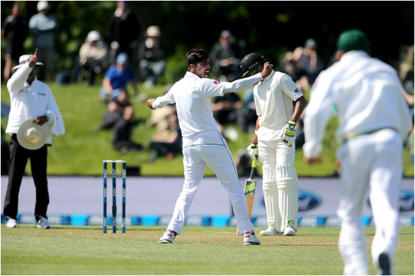 Mohammed Amir celebrates Tom Latham's wicket
