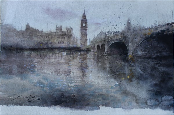 Big Ben and London Bridge depicted by A. Q. Arif - 15 x 22 inches - Watercolour on Paper