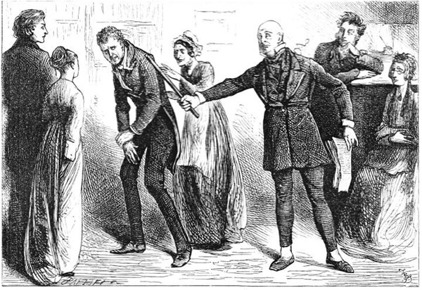 Mr. Micawber sends Uriah Heep packing - from a Victorian print