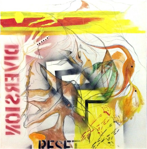 'Reset diversion', on canvas, 3 x 3 inches - acrylic, graphite, digital printed textile, glue, charcoal, spray-paint