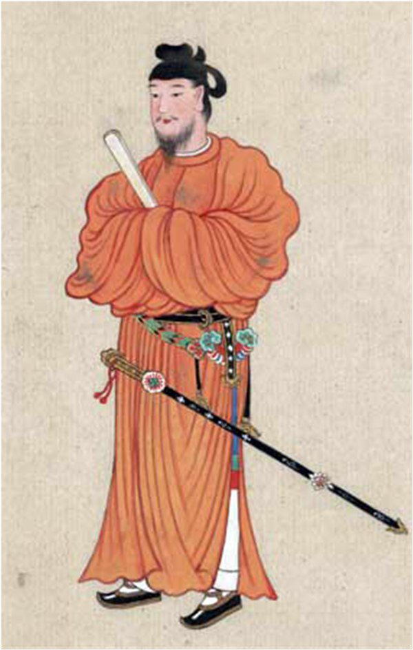 A 19th century ink drawing of Prince Shotoku (born in the 6th century), who stopped to pray to the god of war at the Chogosonshi-ji temple on his way to battle