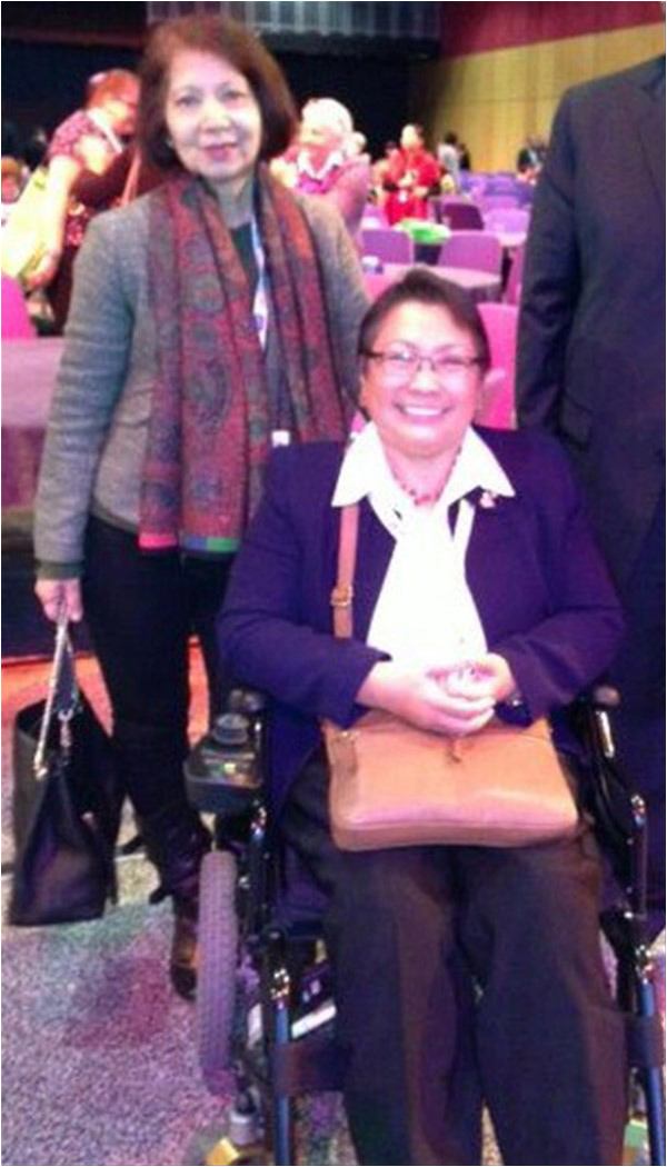 Ghazala Hameed with Venus Ilagan, the Secretary-General of Rehabilitation International Edinburgh (UK), in November 2016