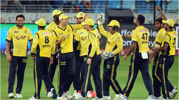 Peshawar Zalmi celebrate a wicket in the February 12, 2017 fixture with the Lahore Qalandars