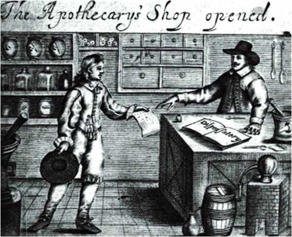 An English apothecary's shop in the 17th century - by the early modern era, European medical science was already beginning to outstrip that of the Eastern empires