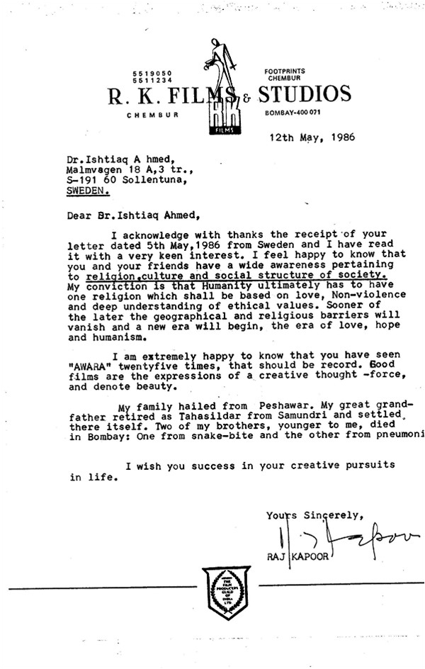 The letter that the author received from Raj Kapoor