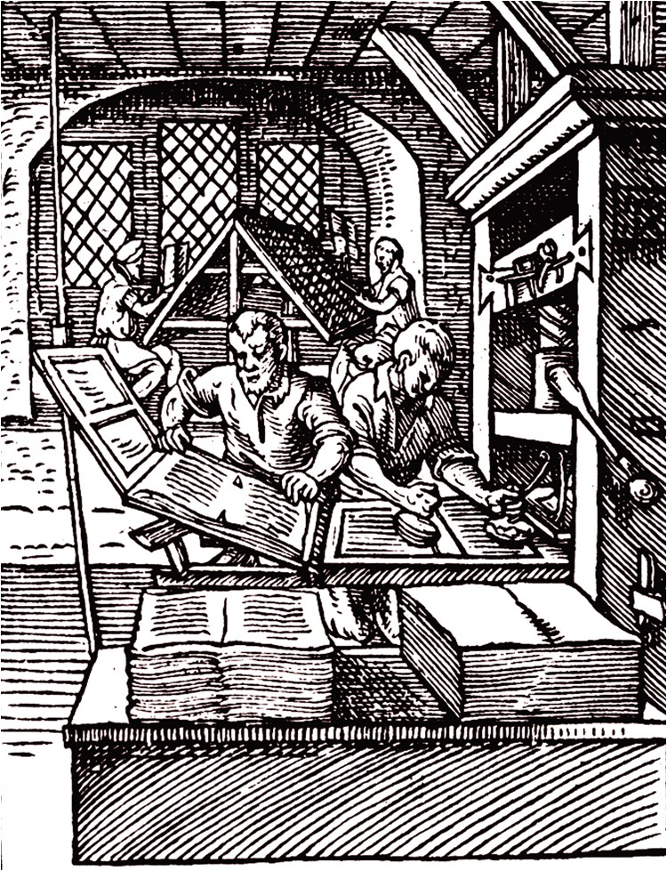 Depiction of a printing press in use, 1568