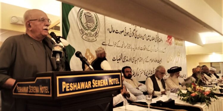 PkMAP Chairman Mahmood Khan Achakzai addresses the grand jirga summoned by the JUI-F in Peshawar on Friday.